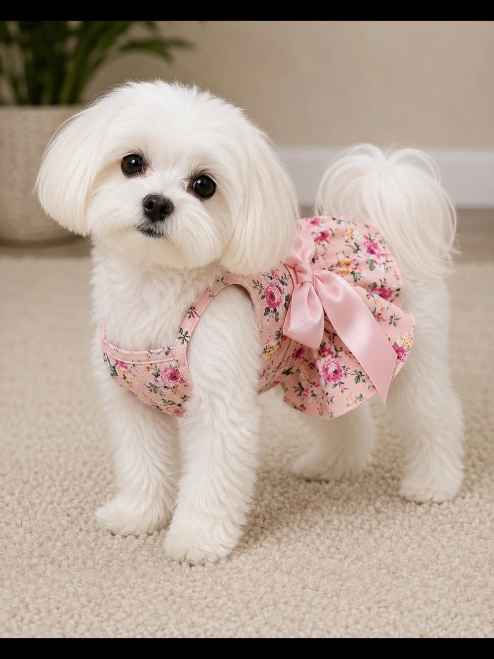 Floral Halter Dog Dress with Emerald Satin Bow